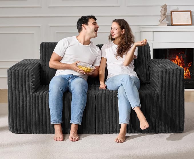 Modular Sectional Sofa 2 Seater Loveseat Modular Couch with Deep Seat Memory Foam Cloud Chair with Pillows Oversized Sectional Sofa for Living Room Bedroom (Strip Grey, Loveseat)