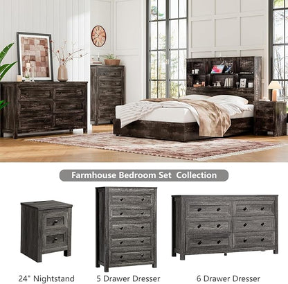 LUXOAK 5-Piece Bedroom Set, 1 X King Size Bed Frame, 2 X Nightstand Set with Charging Station, 1 X 5 Wood Drawer Dresser, 1 X Wood Rustic 6 Drawer Storage Dresser, Farmhouse Bedroom Furniture, Grey