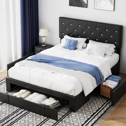 VECELO Queen Size Bed Frame with 3 Storage Drawers, Leather Upholstered with Diamond Tufted Headboard, Solid Wood Slat Support & Steel Framework, PU & Black