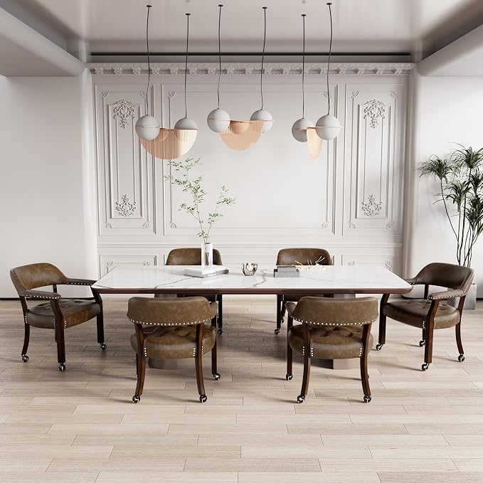 LEEMTORIG Large Dining Chairs with Casters and Arms, Rolling Dining Chairs with Wheels, Game Poker Table Chairs, Boss Caption's Chairs, 26"D x 25.2"W x 31.5"H, Espresso Legs & Choalate PU, XXY-1910-BN