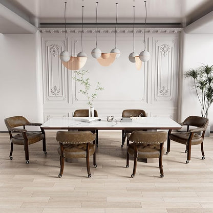 LEEMTORIG Large Dining Chairs with Casters and Arms, Rolling Dining Chairs with Wheels, Game Poker Table Chairs, Boss Caption's Chairs, 26"D x 25.2"W x 31.5"H, Espresso Legs & Choalate PU, XXY-1910-BN