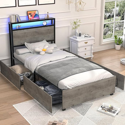 Kiivakii Twin Size Bed Frame with 4 Storage Drawers, LED Platform Bed with Headboard, Built in Charging Station, Noise-Free, Metal Support Base, No Box Spring Needed, Gray