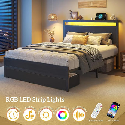 HISOFT Twin Bed Frame with Storage, Wood Headboard with Fast Charging Station, LED Lights, Platform Bed Frame Twin Size, Fabric Drawers with Wheels, No Box Spring Needed, Noise Free, Classic Black