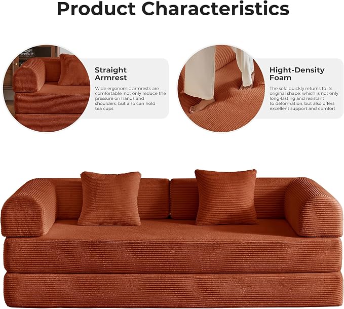 79" 5-in-1 Convertible Sofa Bed No Assembly, Boneless Couch Bed with High Density Foam, Foldable Sleeper Sofa, Corduroy Modular Couch for Apartment, Studio, Dorm Room, Small Space, Orange