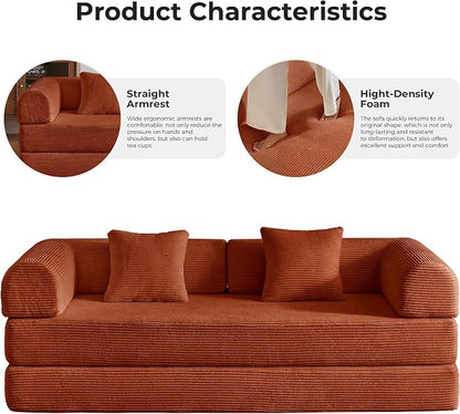 79" 5-in-1 Convertible Sofa Bed No Assembly, Boneless Couch Bed with High Density Foam, Foldable Sleeper Sofa, Corduroy Modular Couch for Apartment, Studio, Dorm Room, Small Space, Orange