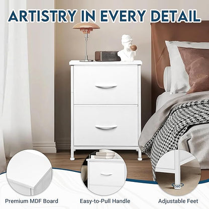 LOFTEY White Nightstand, Bedside Table with 2 Fabric Drawers, Small Kids Night Stand for Bedroom, Bed Side Table with Storage, 15.7" L x 11.8" W x 21" H