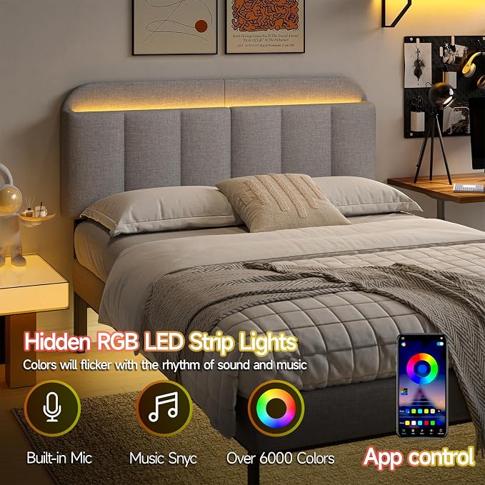 Adjustable Headboard for Full/Queen Size Bed Frame, Linen Fabric Bed Headboard with Storage & RGB LED Light in Modern Vertical Channel Design, Light Grey