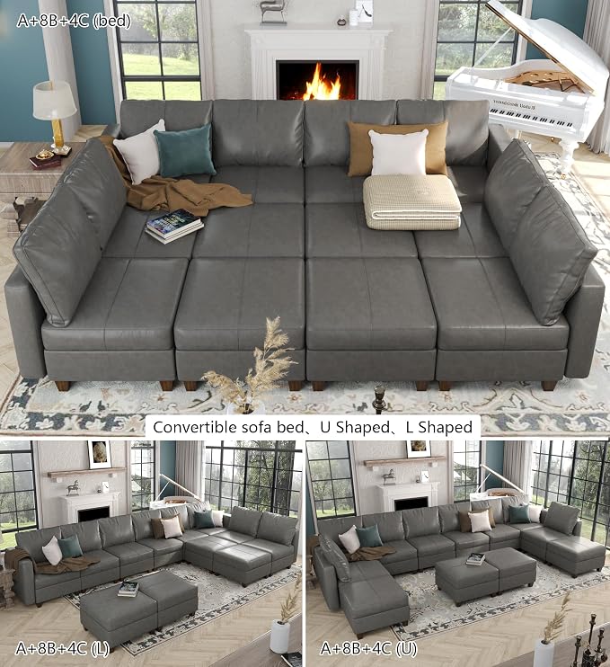 EASE MOOSE Oversized Modular Sectional Sleeper Sofa with Storage, Faux Leather sectional Sofa Large Modular Sofa Couch Sleeper for Living Room,Grey