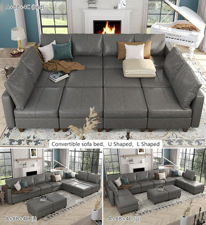 EASE MOOSE Oversized Modular Sectional Sleeper Sofa with Storage, Faux Leather sectional Sofa Large Modular Sofa Couch Sleeper for Living Room,Grey