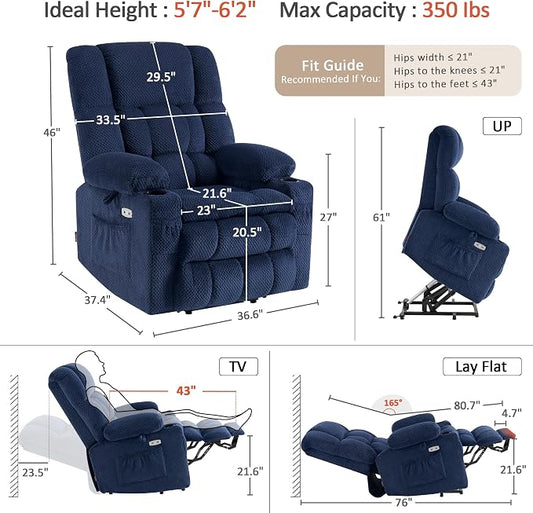MCombo Large Dual Motor Power Lift Recliner Chair for Elderly, Zero Gravity Lift Chair with Heat and Massage, Infinite Position Lay Flat Recliner, USB Ports, Fabric 7896 (Large, Navy Blue)