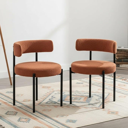 Boucle Dining Chairs Set of 2, Rust Dining Chairs with Upholstered Seat and Round Back, Mid-Century Modern Kitchen Chairs for Dining Room, Restaurant