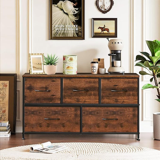 5-Drawer Dresser for Bedroom, Anti-Tip Wide Storage Organizer Fabric Chest of Drawers TV Stand for 45" TV with Wooden Top and Metal Frame for Closet, Living Room, Hallway, Entryway, Brown