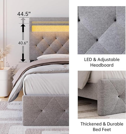 GarveeHome Queen Size Bed Frame with Charging Station and LED Lights, Upholstered Bed Frame with Adjustable Headboard, Heavy Duty Wood Slats, No Box Spring Needed, Easy Assembly, Grey
