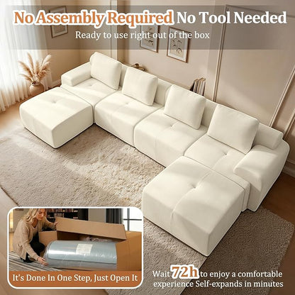 159" U Shaped Oversized Boneless Couch, Comfort Cloud Sectional Couches for Living Room, Modular Sofa High Back & Extra Deep Seat, No Assembly, Soft Chenille(Warm White, 159 inch-U shaped（4+2）)