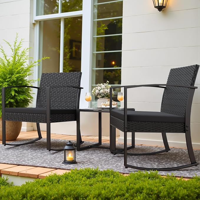 Black 3-Piece Resin Patio Bistro Set, Outdoor Rocking Chairs with Soft Cushions & Side Table, All Weather Furniture for Porch, Poolside, Balcony & Yard