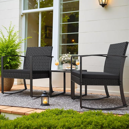 Black 3-Piece Resin Patio Bistro Set, Outdoor Rocking Chairs with Soft Cushions & Side Table, All Weather Furniture for Porch, Poolside, Balcony & Yard