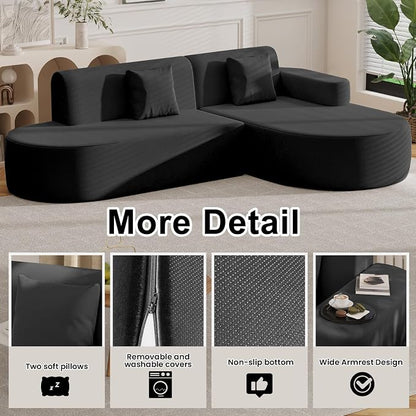 Modern Curved Boneless Sofa Couch, L-Shaped Corner Sofa, Chenille Upholstered Cloud Sectional Couch for Living Room, Bedroom and Apartment,No Assembly Needed(Black, Right Hand Facing)