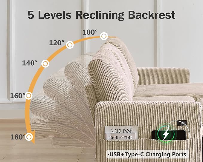 Vipbear 80" Sectional Sleeper Sofa Bed with Pull Out Bed, L Shaped Couch Pull Out Couch with Reclining Backrest, Reversible Storage Chaise, USB Ports, Tool-Free Assembly, Corduroy Beige