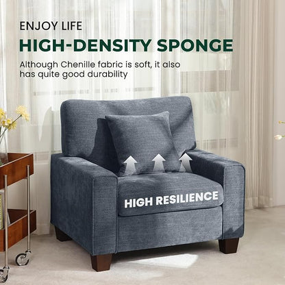 DOPEDIO Modern Living Room Sofa Set, 88.58" Chenille Loveseat with 2 Accent Chairs, Removable Covers, Spring Cushions, Solid Wood Frame, Easy Assembly（88.58inch+2 Single,Blue）