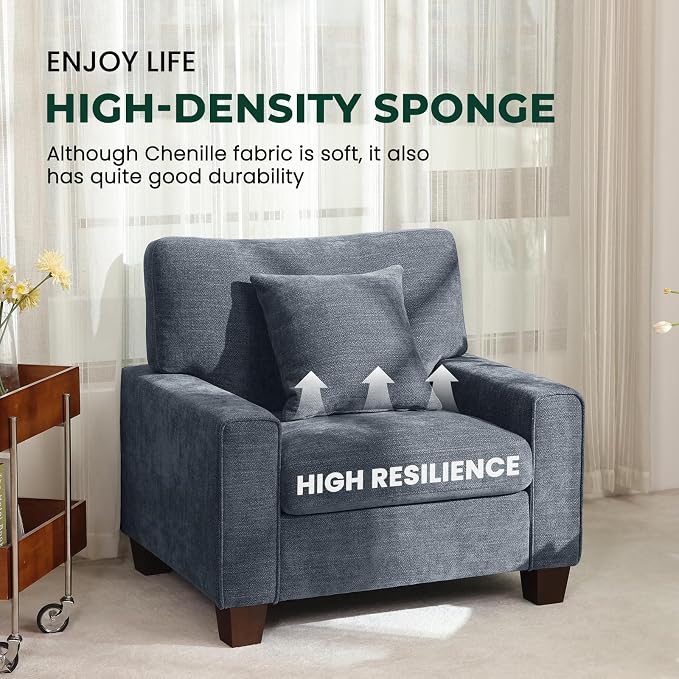 DOPEDIO Modern Living Room Sofa Set, 71.25" Chenille Loveseat with 2 Accent Chairs, Removable Covers, Spring Cushions, Solid Wood Frame, Easy Assembly（71.25inch+2 Single,Blue）