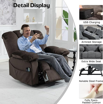 JIKFRIMA Big Man Recliner 500lbs Power Lift Recliner Chair for Big Tall Elderly Adults Oversized Lay Flat Lift Recliner with Extended Footrest,Heat Massage,Flip Arm Storage Cup Holders,USB Type C