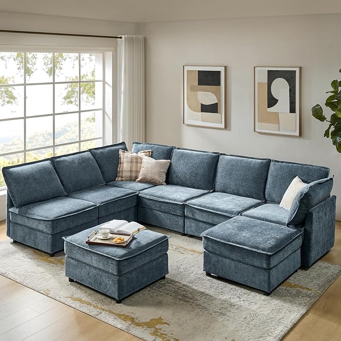 HULALA HOME Oversized Modular Sectional Sofa, 8 Seat U Shaped Couch with Storage Ottoman, Comfy Chenille Sofa with Deep Seat, Convertible Sectional Couches for Living Room, Blue