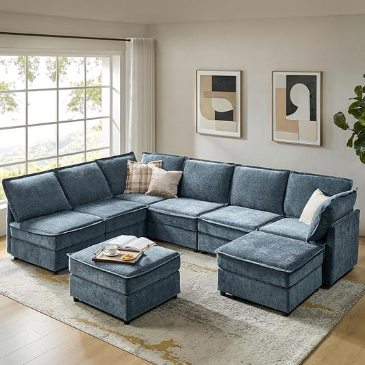 HULALA HOME Oversized Modular Sectional Sofa, 8 Seat U Shaped Couch with Storage Ottoman, Comfy Chenille Sofa with Deep Seat, Convertible Sectional Couches for Living Room, Blue