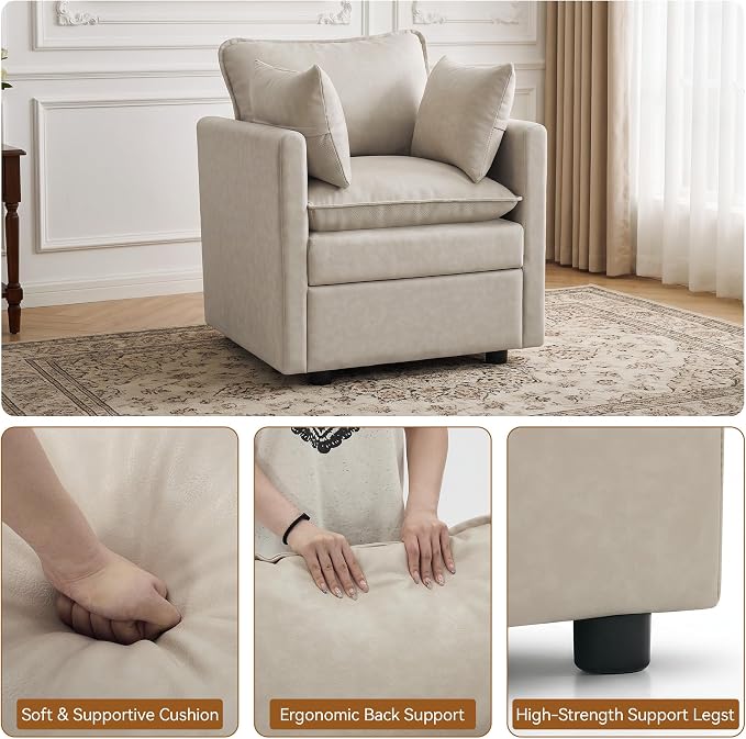 30" Beige Faux Leather Sofa Chair, Single Cloud Accent Chair with Storage | Modern Upholstered Deep Seat Sofa Chair, Comfort for Reading, Lounging, and Small spaces, Armchair for Living Room, Bedroom
