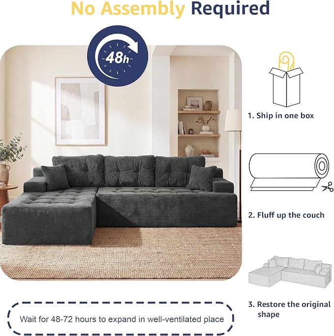 Hobestluk Modular Sectional Sofa Couches L-Shape Couch 3 Seat Modular Sofa Memory Foam Sectional Couches for Living Room, Cloud Couch with Oversized Chaise (Charcoal Corduroy, 96", Left Hand Facing)
