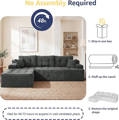 Hobestluk Modular Sectional Sofa Couches L-Shape Couch 3 Seat Modular Sofa Memory Foam Sectional Couches for Living Room, Cloud Couch with Oversized Chaise (Charcoal Corduroy, 96", Left Hand Facing)