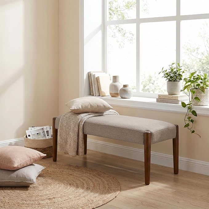 Usaint 42" End of Bed Bench, Modern Upholstered Bedroom Bench with Rubberwood Legs, Entryway Bench with Cushion, Dining Bench for Living Room, Bedroom, Brown with Walnut Leg