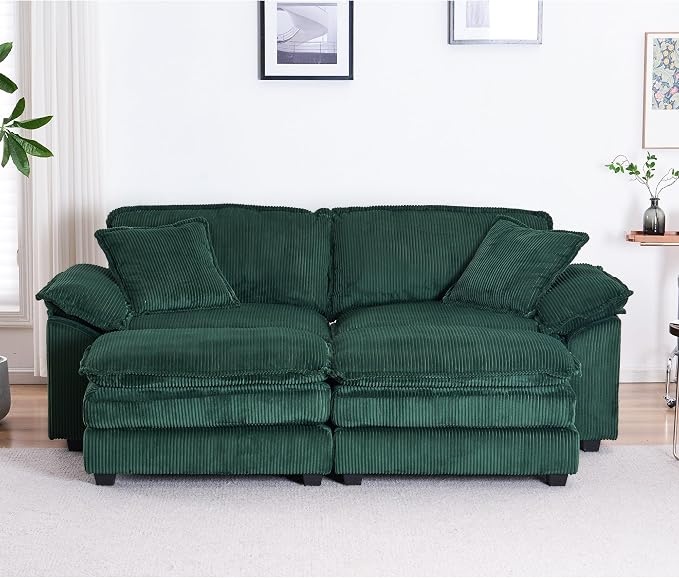 84.6” Corduroy Loveseat with Ottoman, Oversized Double Chaise Lounge Chair Indoor Deep Seat Two Seater Couch Cloud Couch Modular Sectional Sofa for Living Room(Corduroy Green)