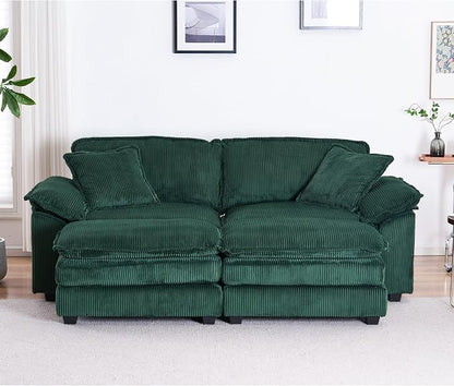 84.6” Corduroy Loveseat with Ottoman, Oversized Double Chaise Lounge Chair Indoor Deep Seat Two Seater Couch Cloud Couch Modular Sectional Sofa for Living Room(Corduroy Green)