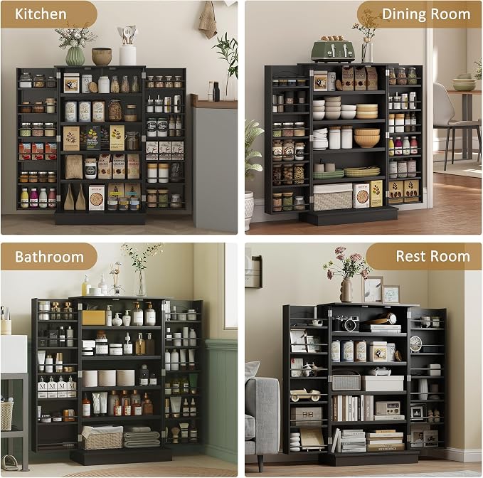 HOMCOM 41" Kitchen Pantry Storage Cabinet, Freestanding Kitchen Cabinet with 12 Door Shelves, Double Doors, 5-Tier Shelving and Adjustable Shelves, Black