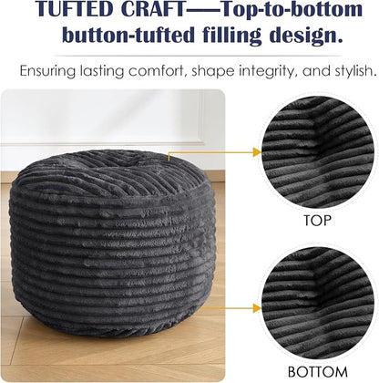 SHOUREN Stuffed Round Ottoman,Corduroy Pouf Ottoman Foot Rest with Foam Filling,Pouf Storage Ottoman Footstool for Living Room,20 X 15 Floor Poufs for Couch,Footrest Only - 20 X 15 Inches,Dark Grey