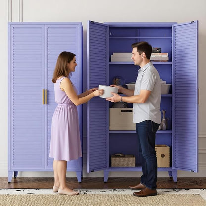 2 Door Tall Metal Storage Cabinet with 3 Adjustable Shelves,61'' Steel Locker Storage with Metal Handles and Elevated Legs,Multifunctional Storage Armoire for Home Bedroom Living Room Entryway(Purple)