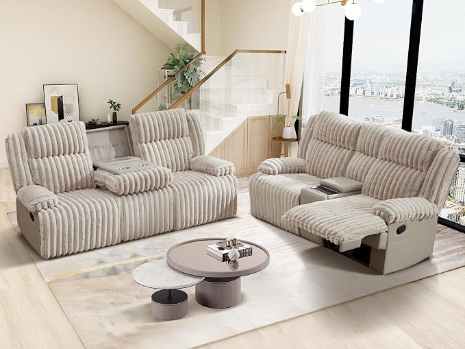 Oversized Reclining Sofa Set with Hidden Cup Holders & Wireless Charger, Manual Double Recliner Sofa, Wall Hugger Recliner Couch with USB Ports for Living Room (Beige, Loveseat+Sofa)