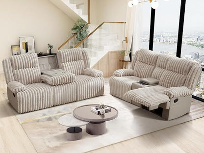 Oversized Reclining Sofa Set with Hidden Cup Holders & Wireless Charger, Manual Double Recliner Sofa, Wall Hugger Recliner Couch with USB Ports for Living Room (Beige, Loveseat+Sofa)
