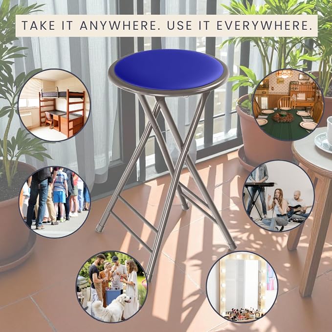 Lavish Home Folding Stool - Set of 4 Counter Height Bar Stools – 24-Inch Backless Folding Chairs with 225lb Capacity for Kitchen, Rec Room, or Game Room (Blue)