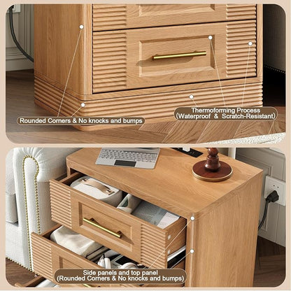 RECHHX 3 Drawer Dresser for Bedroom, 25.6" Tall Nightstand with Charging Station, Farmhouse 23.6" Wide End Table, Thermoformed Curved Small Chest of Drawers for Bedroom, Living Room, Nature Oak