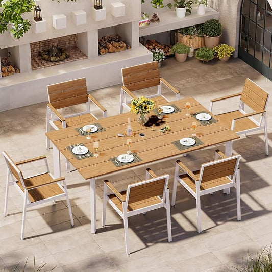 Outdoor Dining Set, Patio Table and Chairs Set with Umbrella Hole, 7 Pieces HDPS + Aluminum Patio Dining Furniture Set for Backyard, Garden (White & Teak)