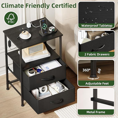 Somdot Nightstands Set of 2,End Tables with Charging Station and LED Lights,Black Night Stand with 2 Fabric Drawers, Bedside Table for Dorm Guest Room Bedside Kids Entryway Hallway, Black