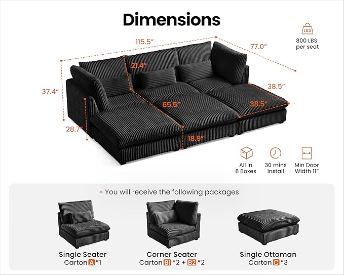 115" Oversized Corduroy Couch Modular Sectional Sofa, Washable Cloud Couch Sectional with 3 Ottoman, 6 Seater Sectional Couches for Living Room, Fully Cover Removable, Sleeper Sofa, Corduroy, Black