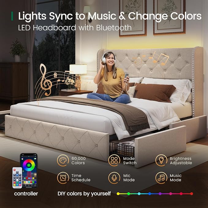 LARMACE Queen Size Bed Frame with LED Lights and 4 Storage Drawers Linen Upholstered Platform Bed Frame with 47.2" Tall Tufted Headboard Wingback, No Box Spring Needed, Easy to Assemble, Beige