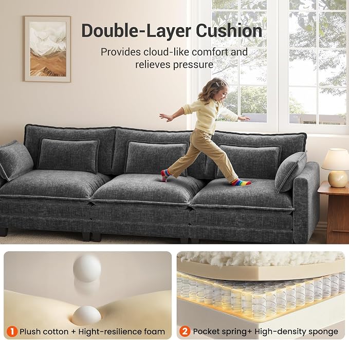 Pipishell 110.6" Modular Sectional Sofa, U Shaped Cloud Couch with Movable Ottoman, 5-Seat Chenille Deep Seat Cloud Modular Sectional Sofa with Throw Pillows for Living Room & Apartment, Grey