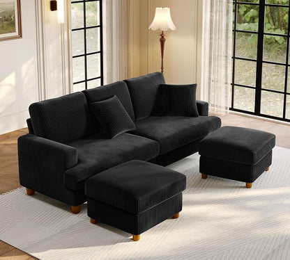 Welzona 87.2" Couches for Living Room, Comfy U Shaped Couch Black 7.5" Thicker Cushion, Sofas for Living Room Tool-Free Setup, Loveseat with Ottoman 848lbs Support, Corduroy Couch for Bedroom, Office