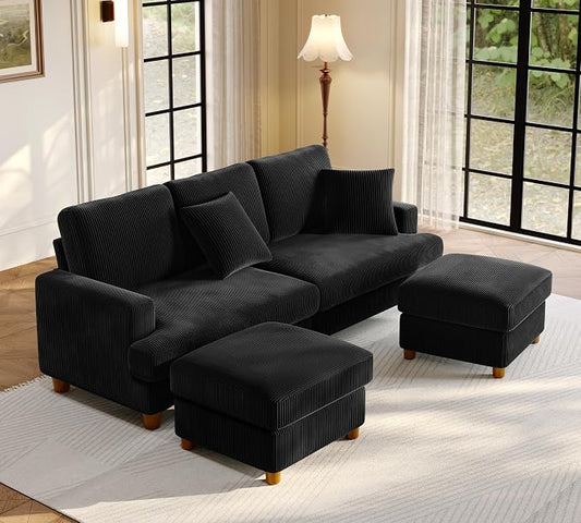 Welzona 87.2" Couches for Living Room, Comfy U Shaped Couch Black 7.5" Thicker Cushion, Sofas for Living Room Tool-Free Setup, Loveseat with Ottoman 848lbs Support, Corduroy Couch for Bedroom, Office