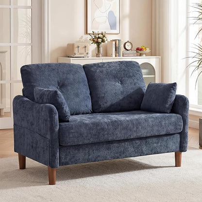 Vipbear 48" Loveseat Sofa,Modern Small Couches for Small Spaces,Blue Chenille Love Seat Couch for Living Room,Bedroom,Apartment,Office,Deep Seat,Throw Pillow,Side Pockets,Curved Armrest