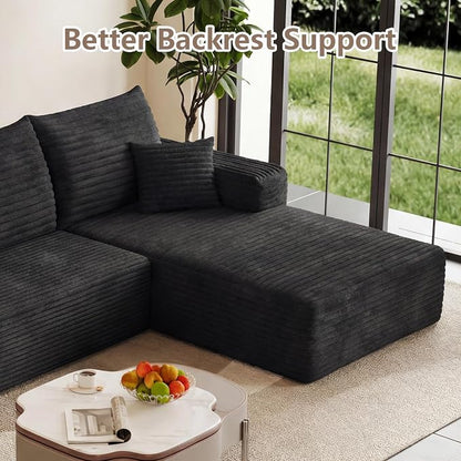 95" Cloud Sectional Couch U-Shaped Chaise with Ottoman, Corduroy Boneless Couch for Living Room Bedroom, Deep-Seat Upholstered Modular Cloud Sofa, No Assembly Required (Black, Right Facing Chaise)