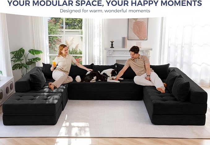 MAXYOYO Modular Sectional Sofa Couch, Foldable Oversized U Shaped Cloud Couch with Pillows, Tufted Boneless Lounger Floor Sofa Bed for Living Room, No Assembly Required, Black